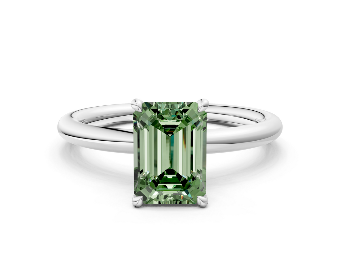 White gold Fancy Green Emerald  Cut Solitaire Ring with Thin Band and Four-Prong Setting_16