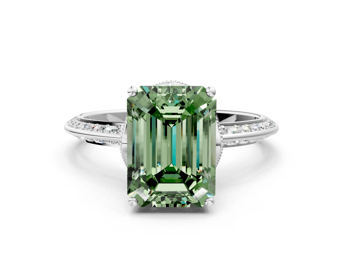 White gold Fancy Green Emerald Cut Solitaire Split Shank Pave Diamond Engagement Ring with Four-Prong Setting_24