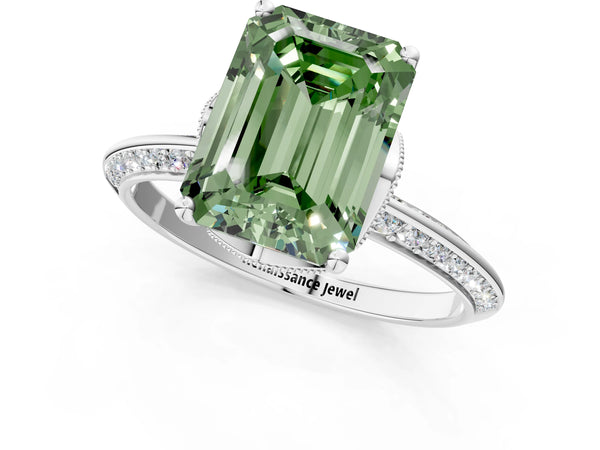 White Gold Emerald Cut Graduated Pave Engagement Ring Setting for Fancy Green Center