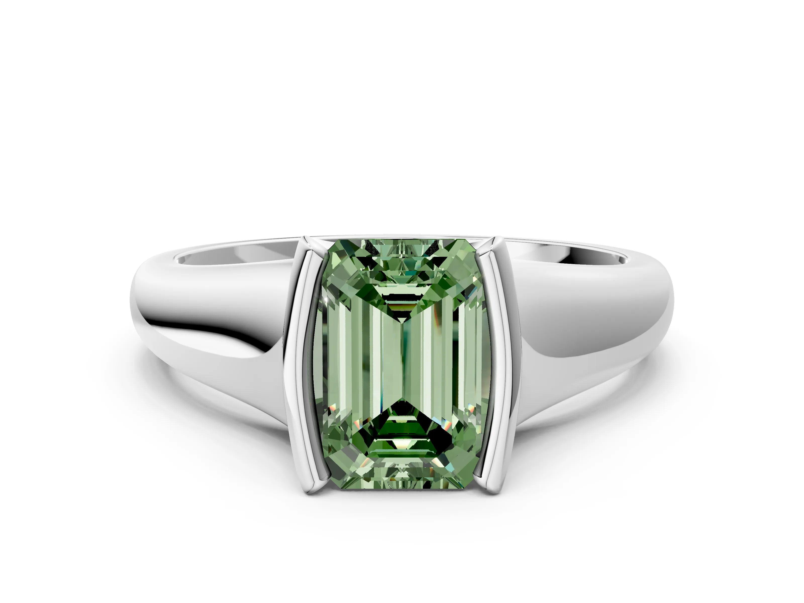 White gold Fancy Green Emerald Cut Solitaire Tension Set Diamond Ring with Split Shank Band_18