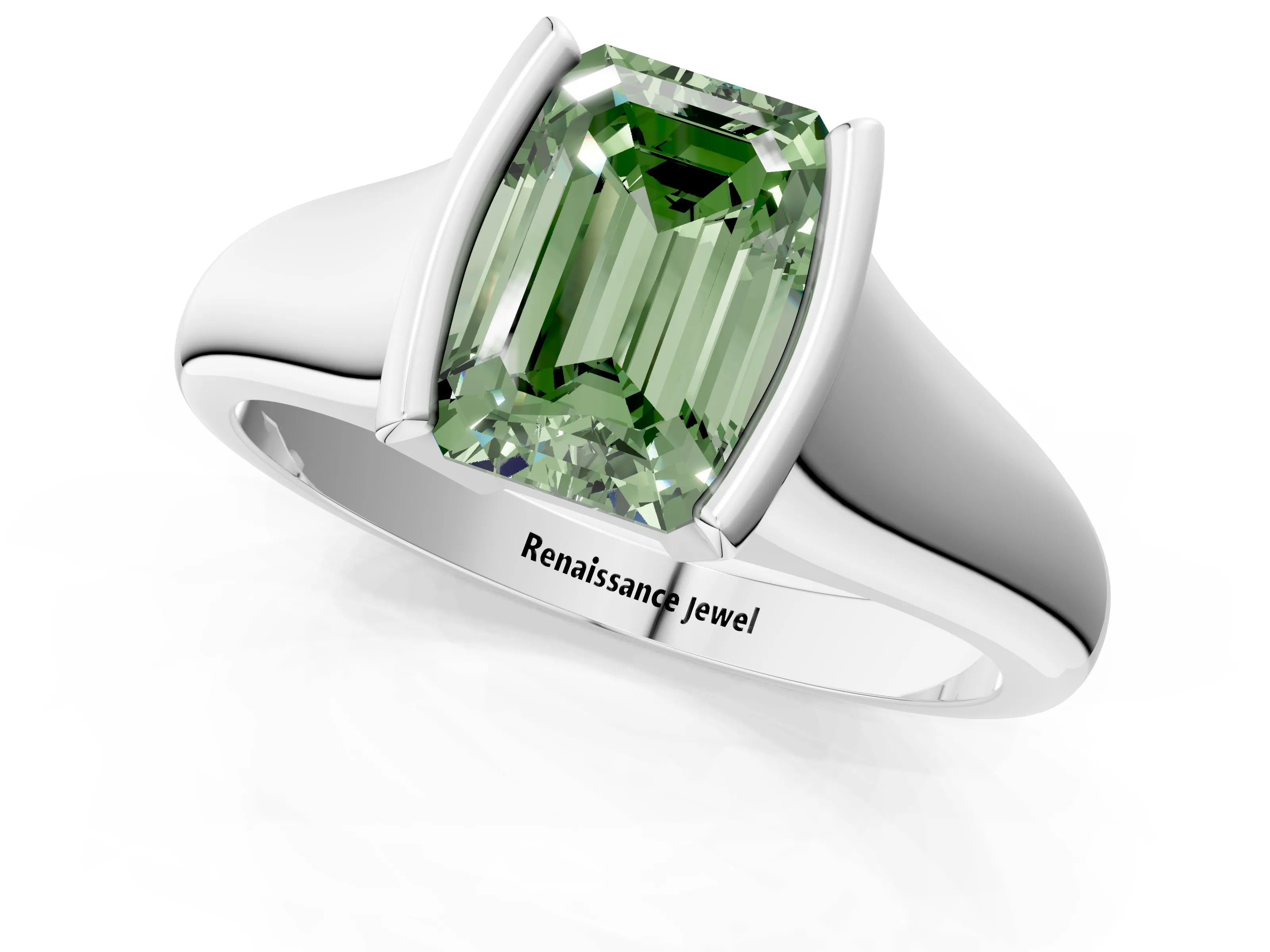 White gold Fancy Green Emerald Cut Solitaire Tension Set Diamond Ring with Split Shank Band_19