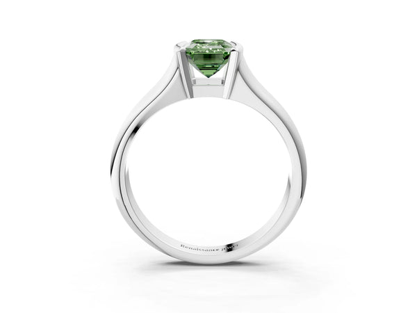White gold Fancy Green Emerald Cut Solitaire Tension Set Diamond Ring with Split Shank Band