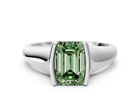 White gold Fancy Green Emerald Cut Solitaire Tension Set Diamond Ring with Split Shank Band