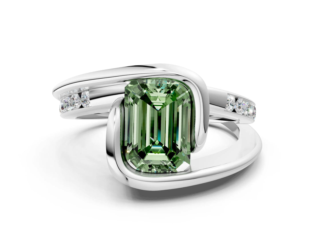 White gold Fancy Green Emerald Cut Solitaire Tension-Set Diamond Split Shank Ring