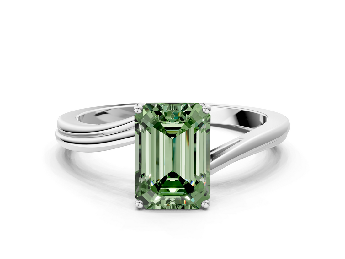 White gold Fancy Green Emerald  Cut Solitaire Twist Band Ring with Four-Prong Setting_20