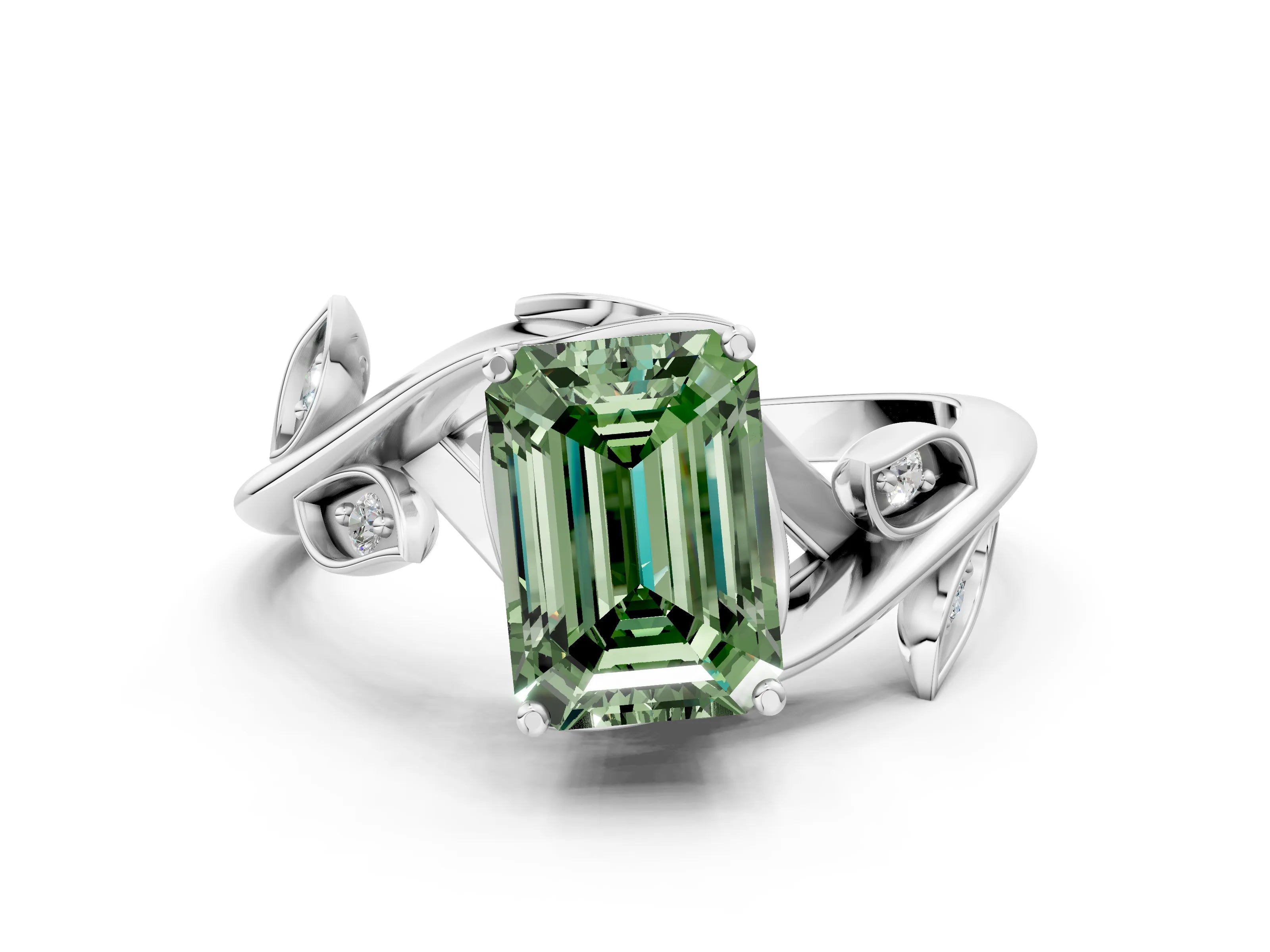 White gold Fancy Green Emerald Cut Solitaire Twist Engagement Ring with Leaf Accents and Prong Setting