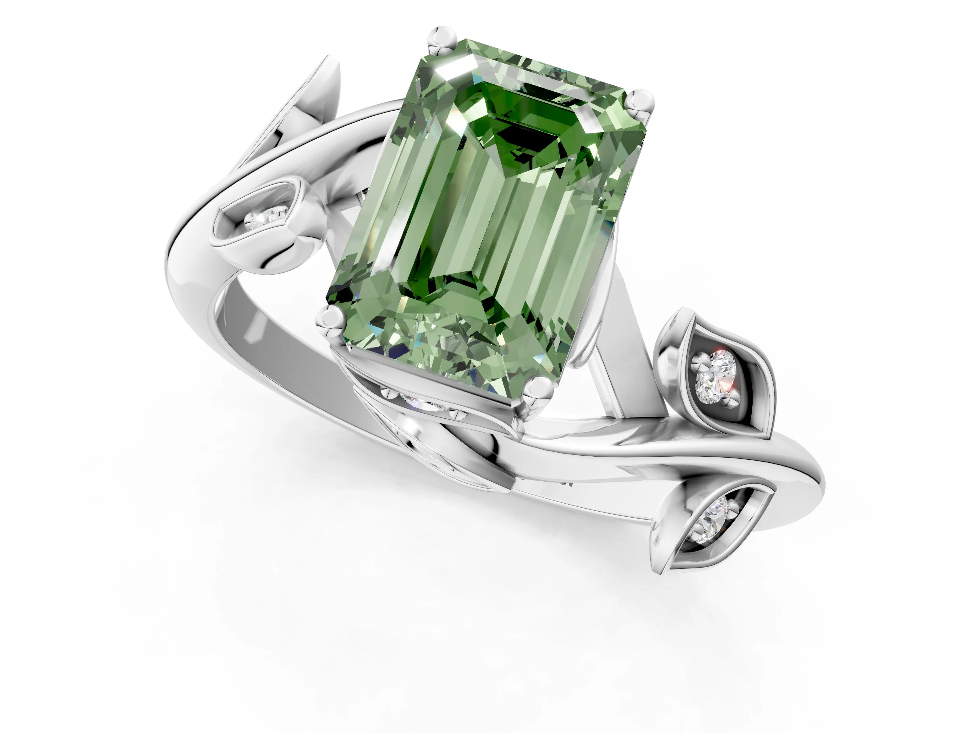 White gold Fancy Green Emerald Cut Solitaire Twist Engagement Ring with Leaf Accents and Prong Setting_1