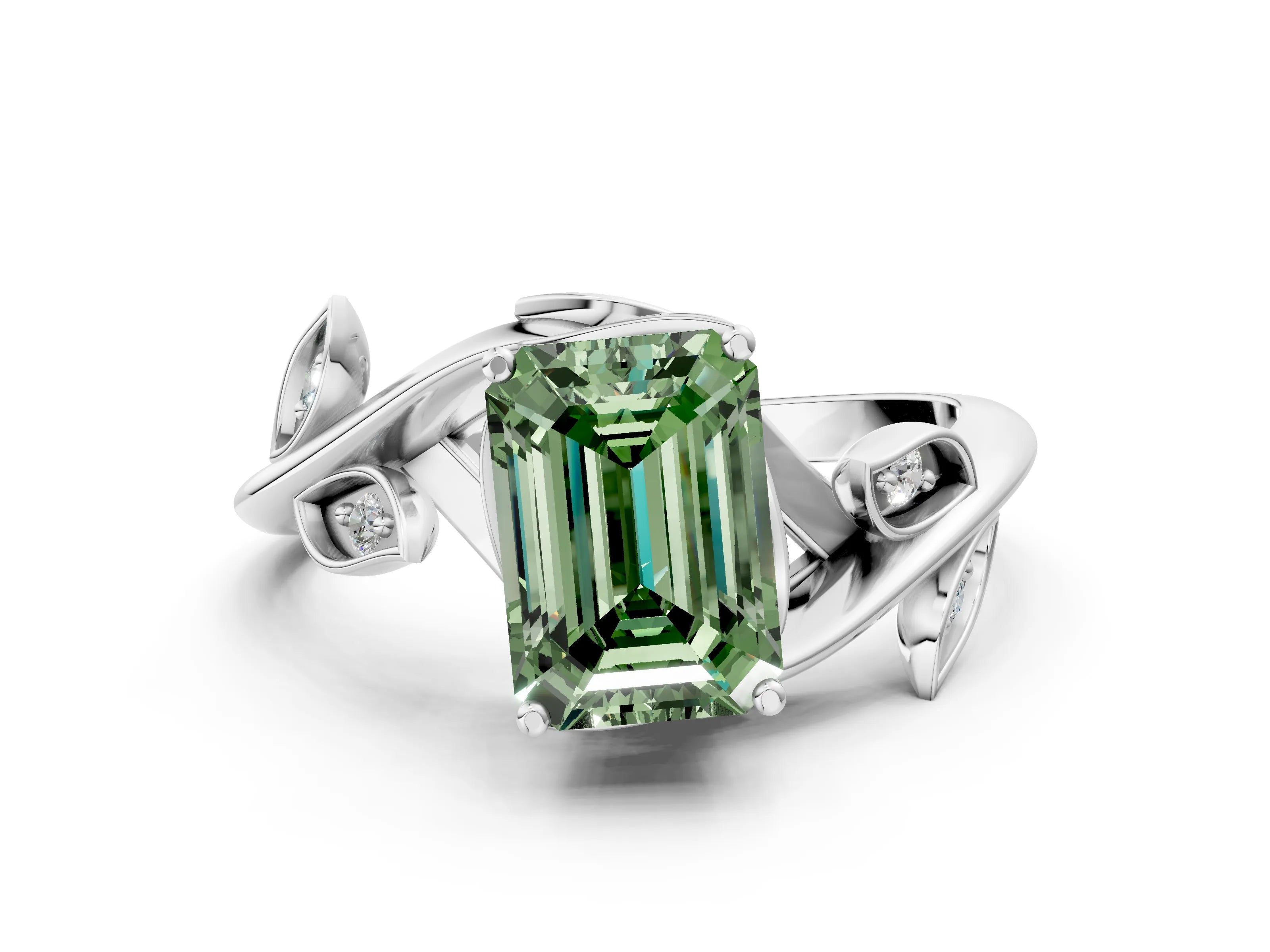 White gold Fancy Green Emerald Cut Solitaire Twist Engagement Ring with Leaf Accents and Prong Setting_12