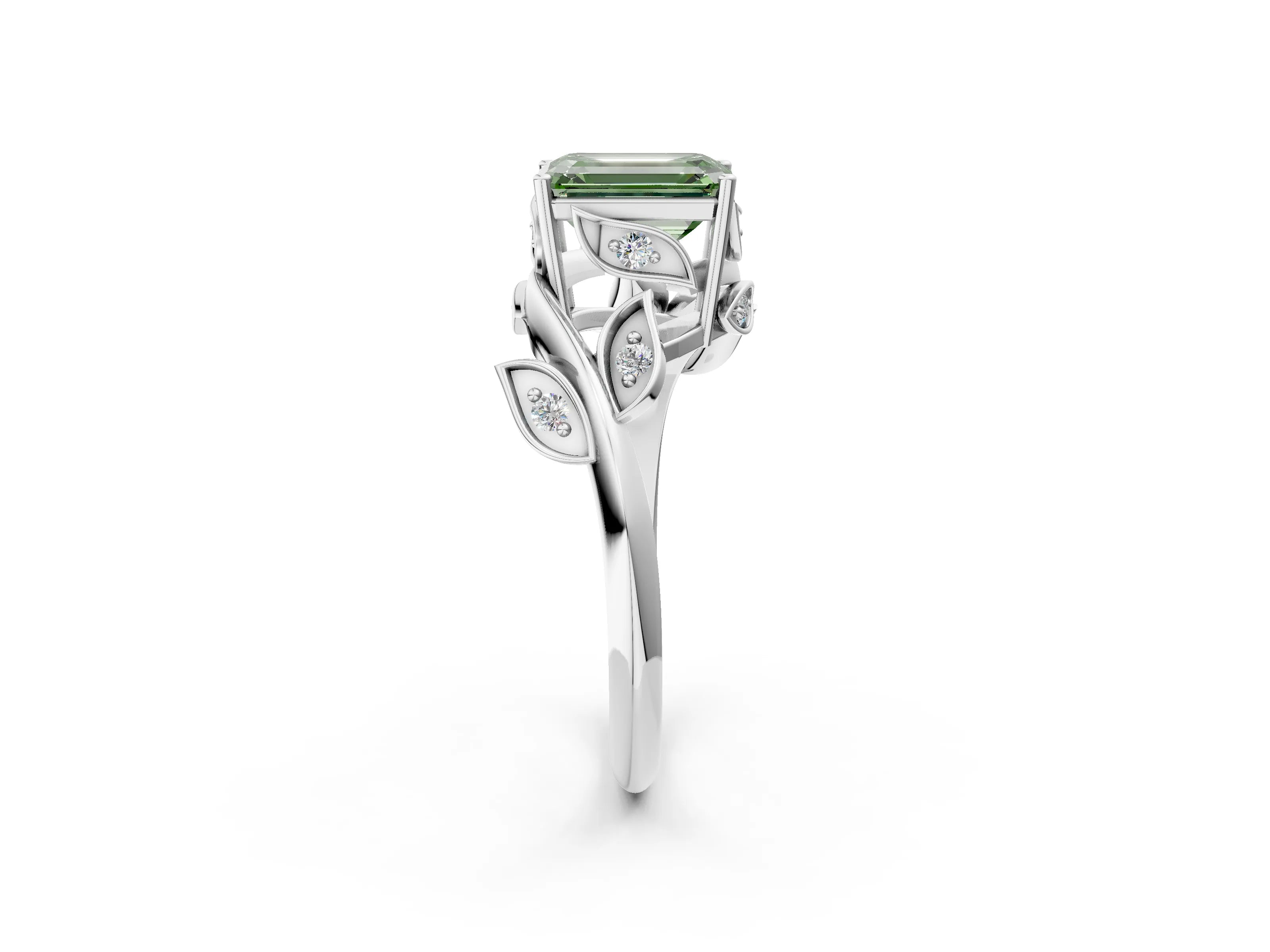 White gold Fancy Green Emerald Cut Solitaire Twist Engagement Ring with Leaf Accents and Prong Setting_14
