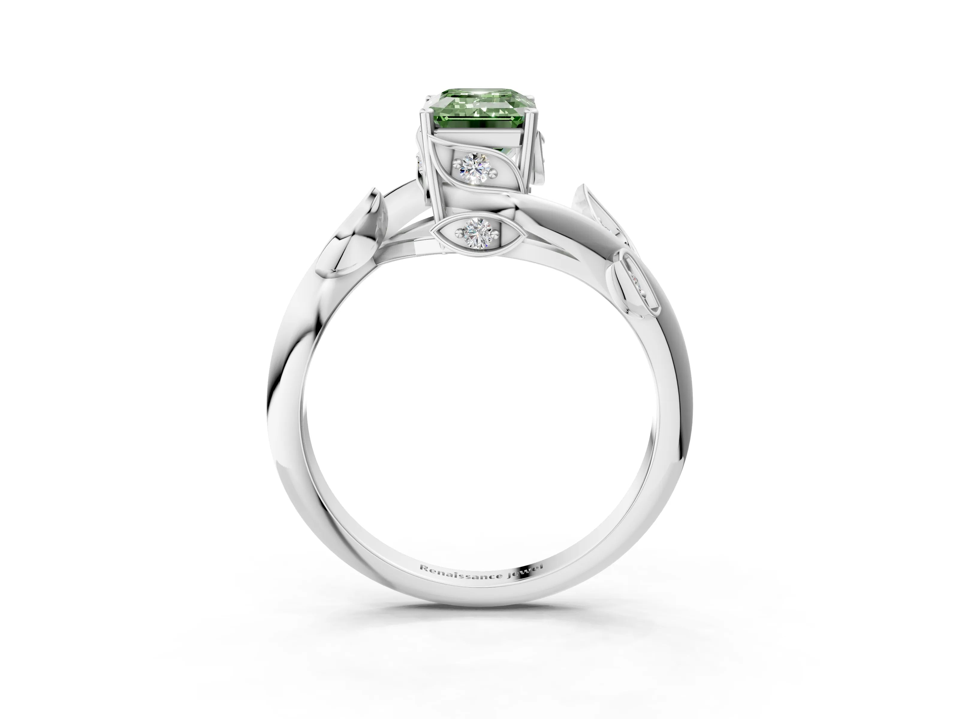 White gold Fancy Green Emerald Cut Solitaire Twist Engagement Ring with Leaf Accents and Prong Setting_15