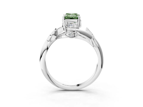 White gold Fancy Green Emerald Cut Solitaire Twist Engagement Ring with Leaf Accents and Prong Setting_15