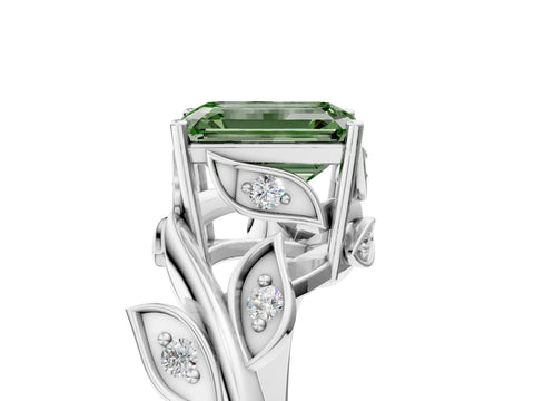 White gold Fancy Green Emerald Cut Solitaire Twist Engagement Ring with Leaf Accents and Prong Setting_17