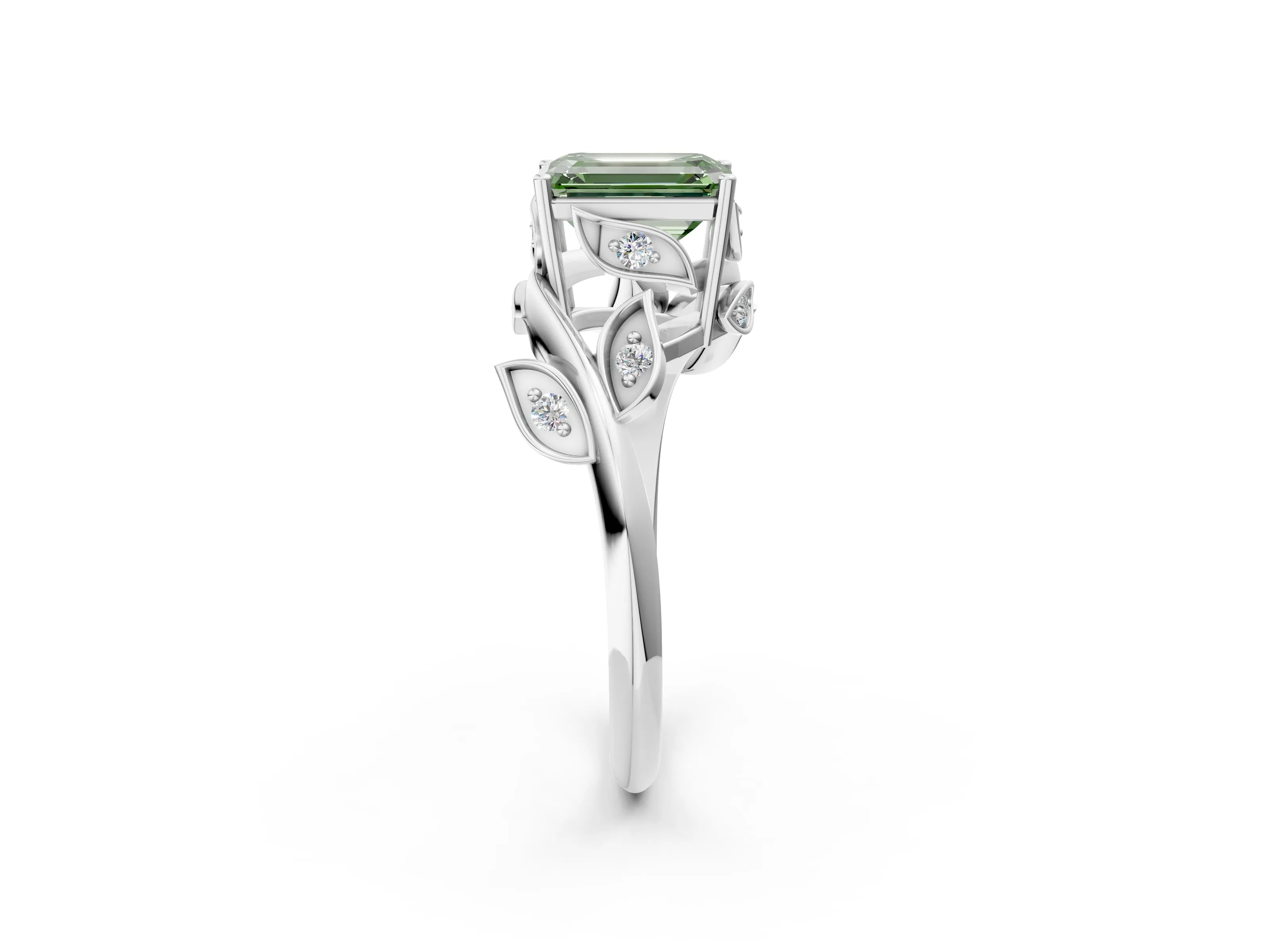 White gold Fancy Green Emerald Cut Solitaire Twist Engagement Ring with Leaf Accents and Prong Setting_2