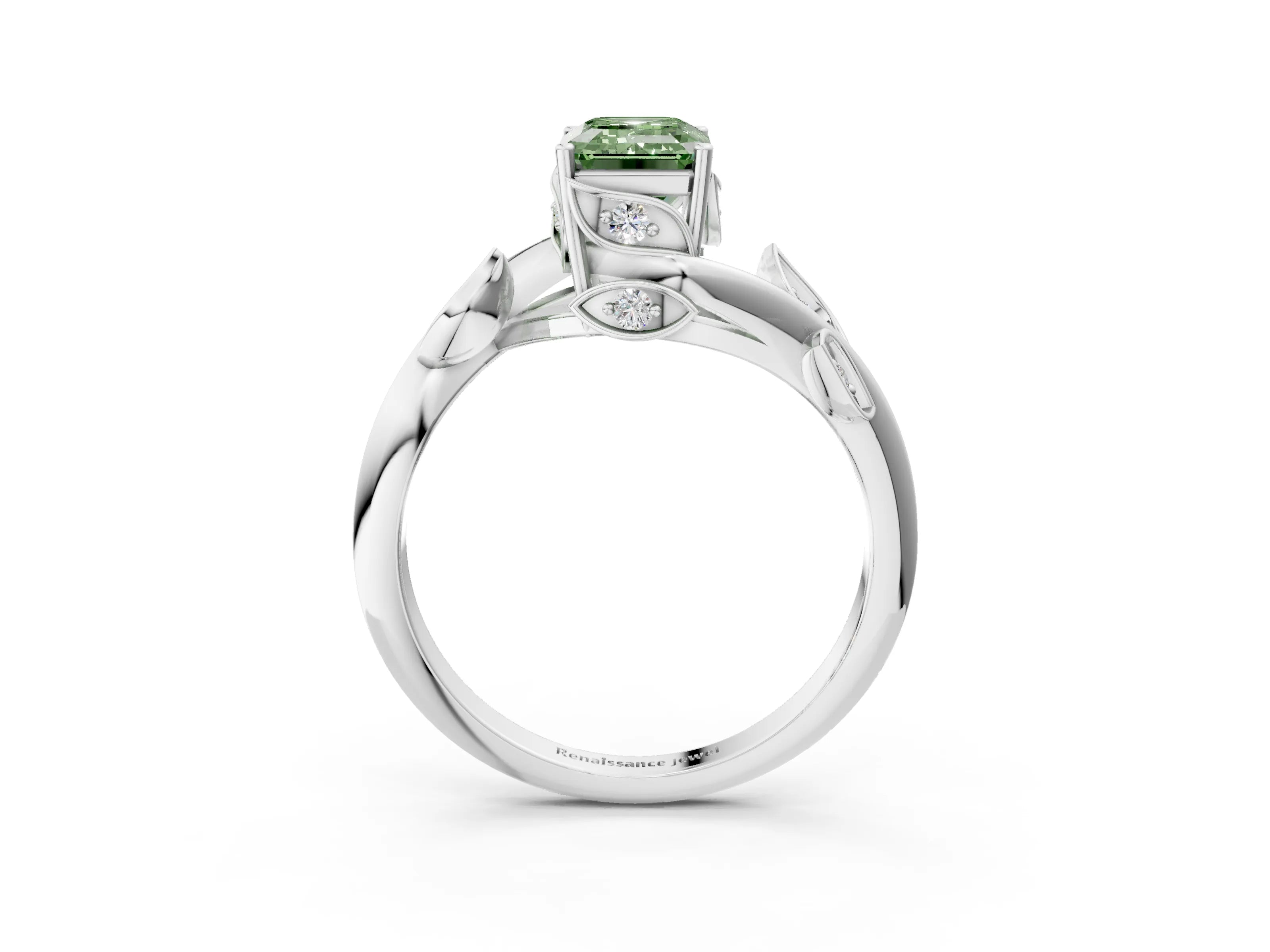 White gold Fancy Green Emerald Cut Solitaire Twist Engagement Ring with Leaf Accents and Prong Setting_3
