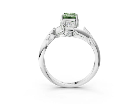 White gold Fancy Green Emerald Cut Solitaire Twist Engagement Ring with Leaf Accents and Prong Setting_3