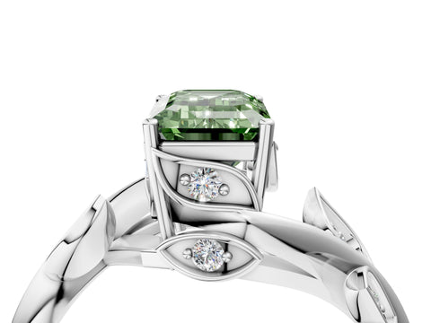 White gold Fancy Green Emerald Cut Solitaire Twist Engagement Ring with Leaf Accents and Prong Setting_4