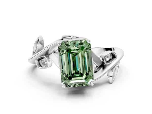 Sterling Silver Emerald Cut Vine Bypass Solitaire Engagement Ring Setting for Fancy Green Center