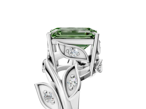 White gold Fancy Green Emerald Cut Solitaire Twist Engagement Ring with Leaf Accents and Prong Setting_5
