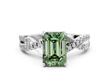 White gold Fancy Green Emerald Cut Solitaire Twist Pave Diamond Engagement Ring with Prong Setting
