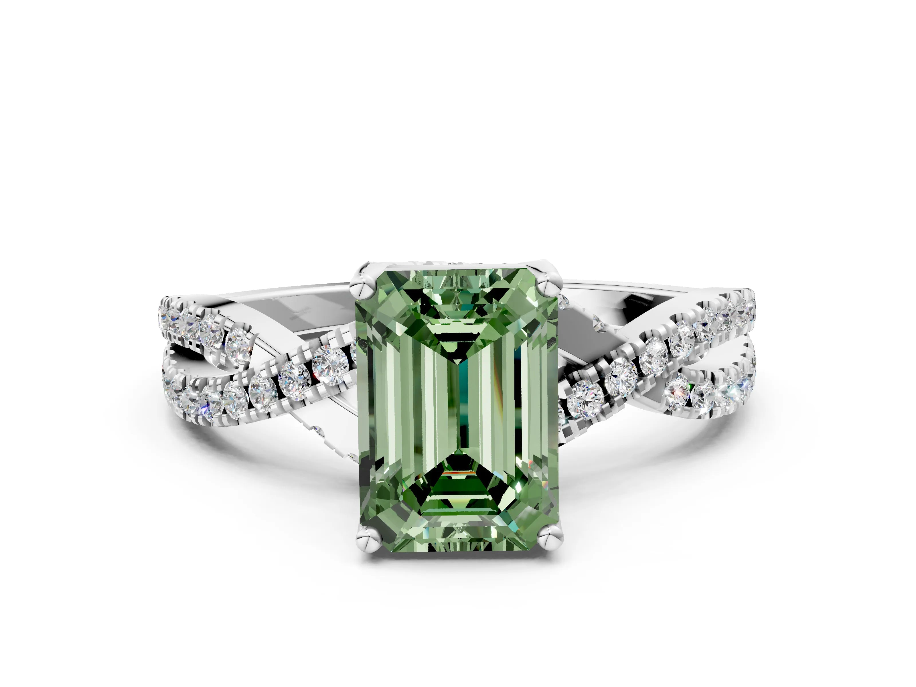 White gold Fancy Green Emerald Cut Solitaire Twist Pave Diamond Engagement Ring with Prong Setting_12