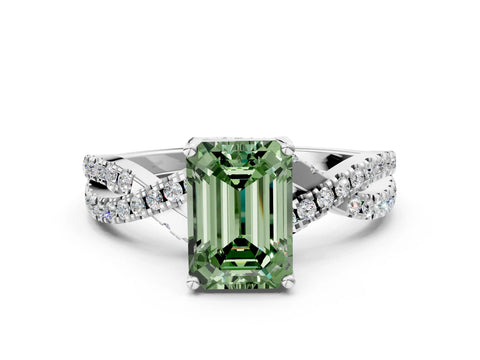 White gold Fancy Green Emerald Cut Solitaire Twist Pave Diamond Engagement Ring with Prong Setting_12