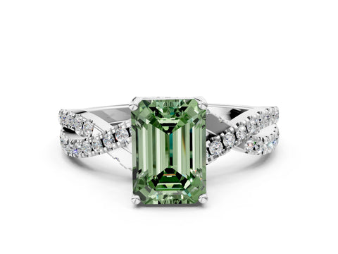 White gold Fancy Green Emerald Cut Solitaire Twist Pave Diamond Engagement Ring with Prong Setting_12