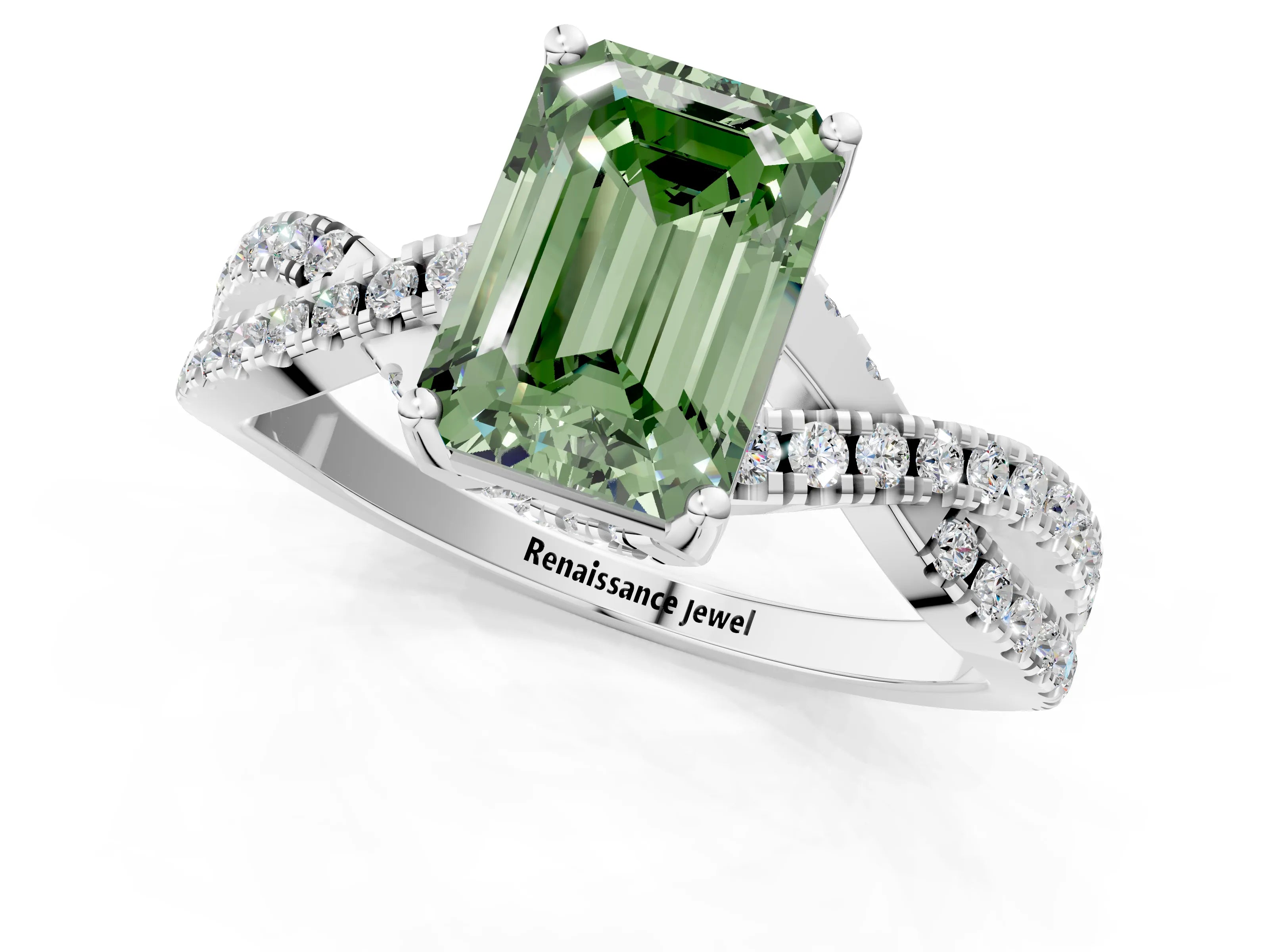 White gold Fancy Green Emerald Cut Solitaire Twist Pave Diamond Engagement Ring with Prong Setting_13