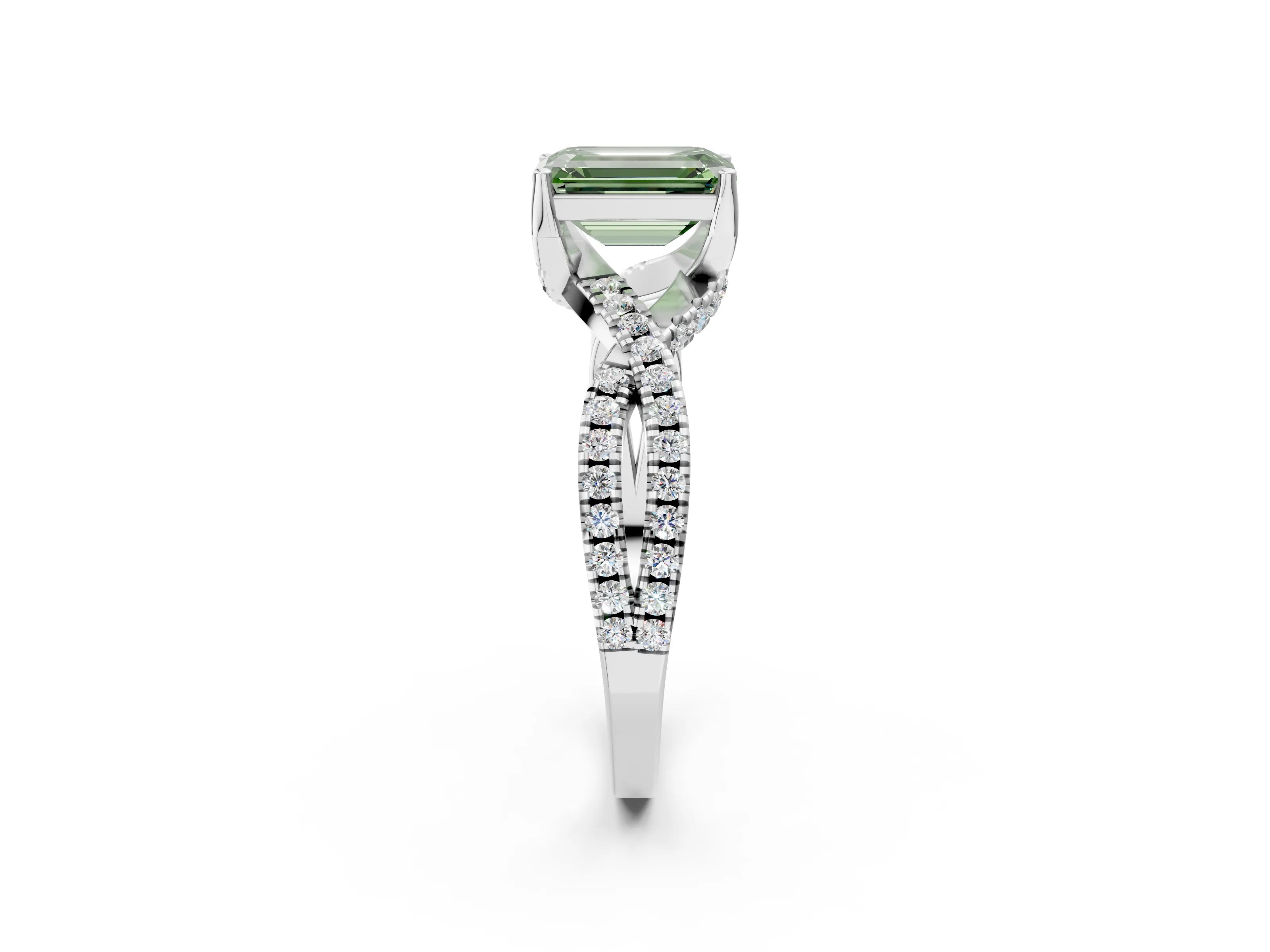 White gold Fancy Green Emerald Cut Solitaire Twist Pave Diamond Engagement Ring with Prong Setting_14