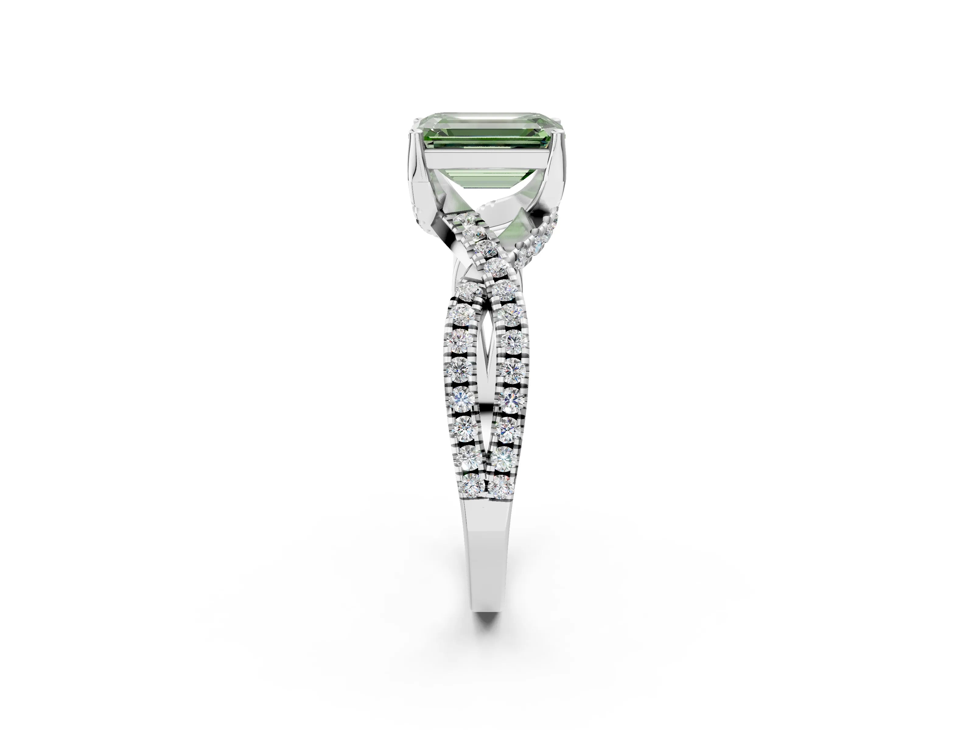 White gold Fancy Green Emerald Cut Solitaire Twist Pave Diamond Engagement Ring with Prong Setting_14