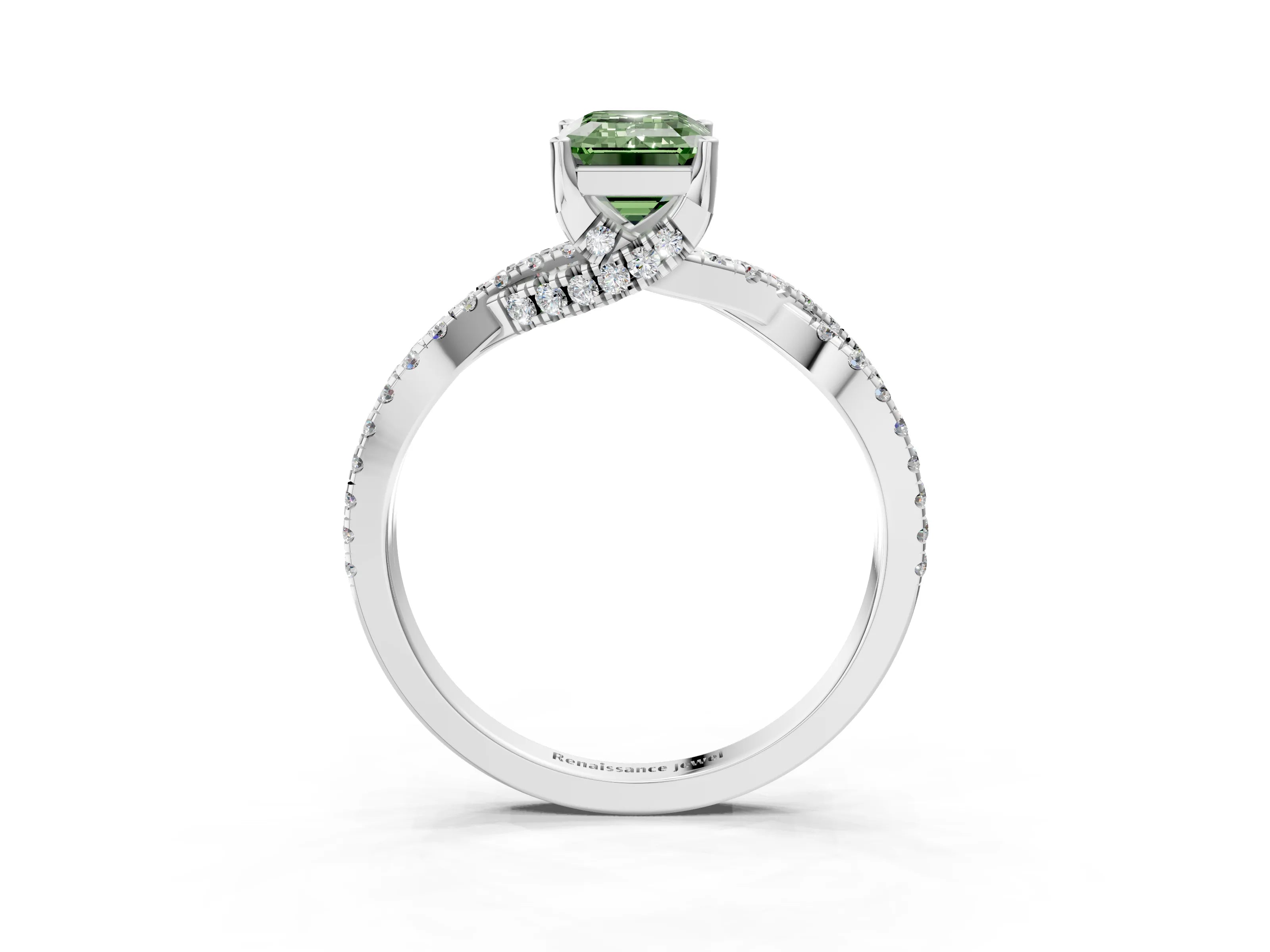 White gold Fancy Green Emerald Cut Solitaire Twist Pave Diamond Engagement Ring with Prong Setting_15