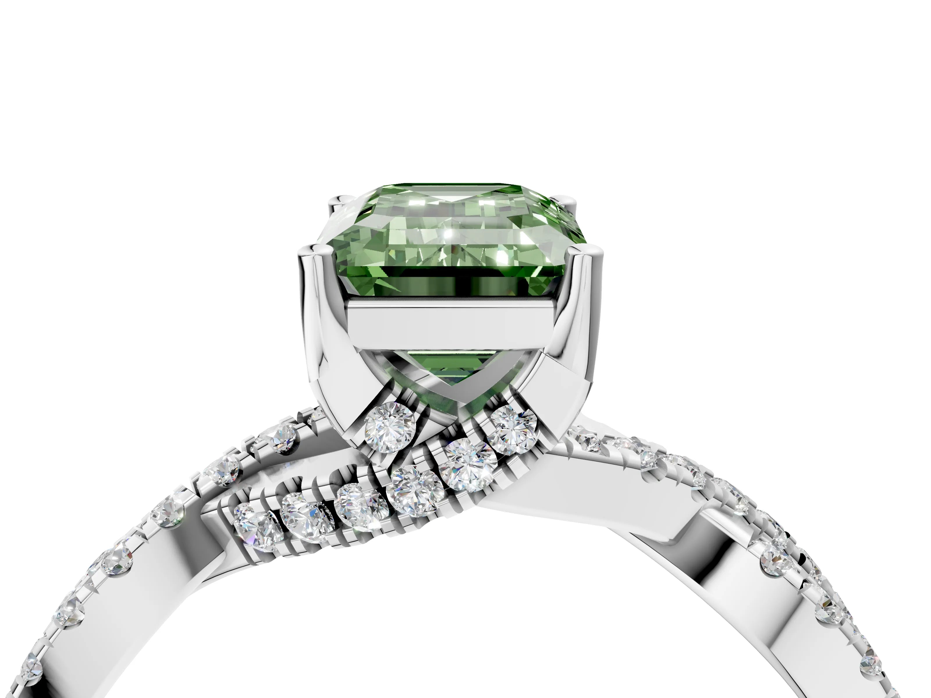 White gold Fancy Green Emerald Cut Solitaire Twist Pave Diamond Engagement Ring with Prong Setting_16