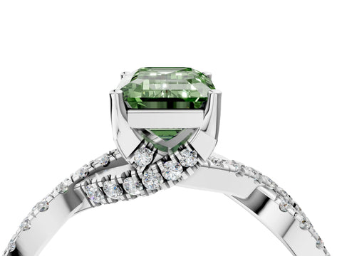 White gold Fancy Green Emerald Cut Solitaire Twist Pave Diamond Engagement Ring with Prong Setting_16