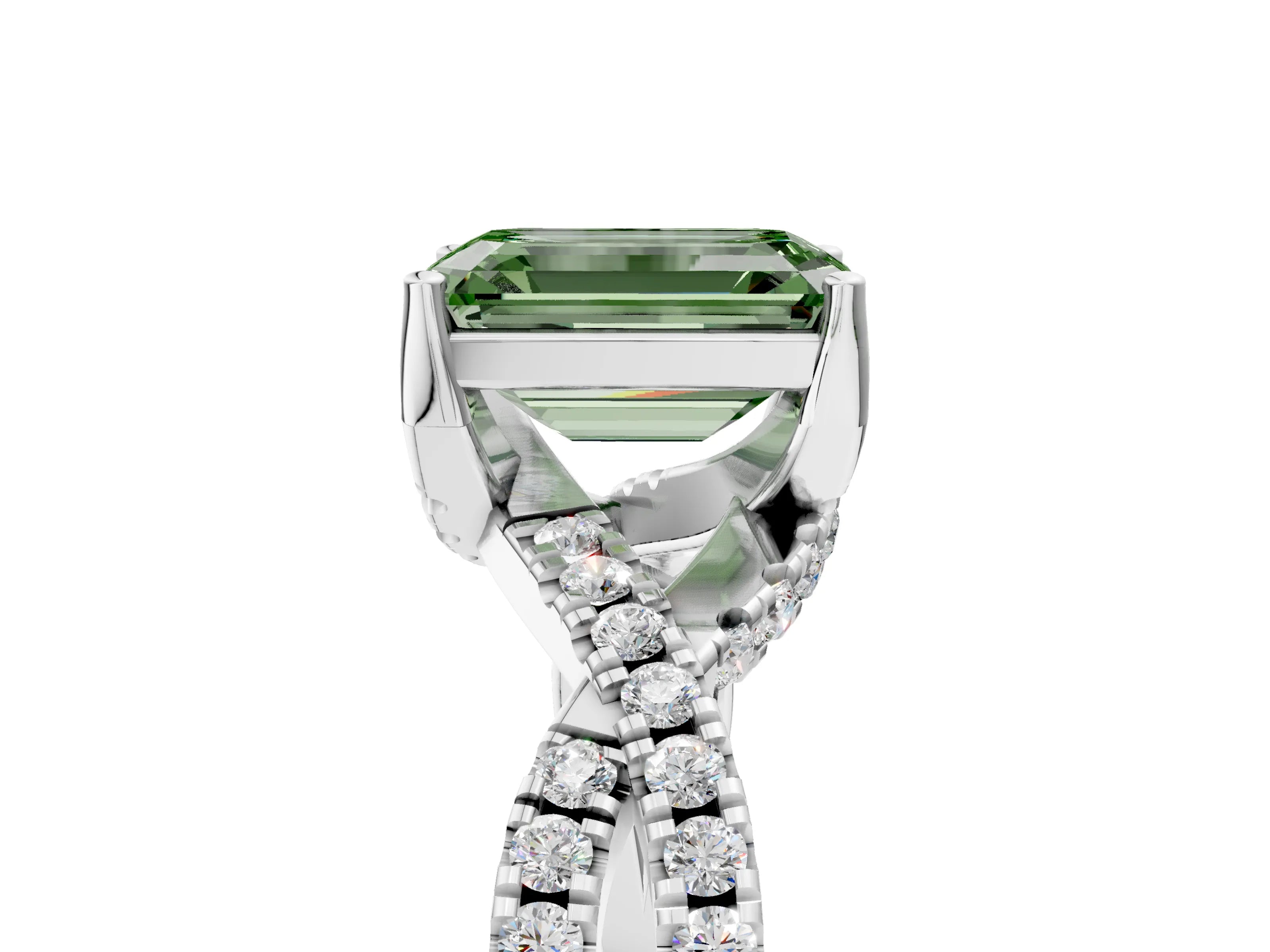 White gold Fancy Green Emerald Cut Solitaire Twist Pave Diamond Engagement Ring with Prong Setting_17
