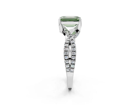White gold Fancy Green Emerald Cut Solitaire Twist Pave Diamond Engagement Ring with Prong Setting_2
