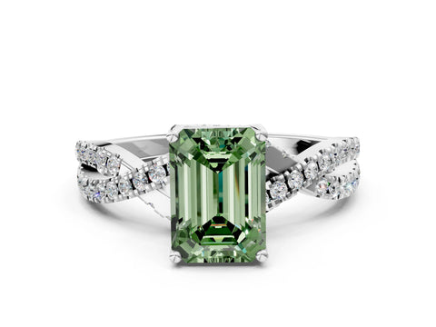 White gold Fancy Green Emerald Cut Solitaire Twist Pave Diamond Engagement Ring with Prong Setting_30