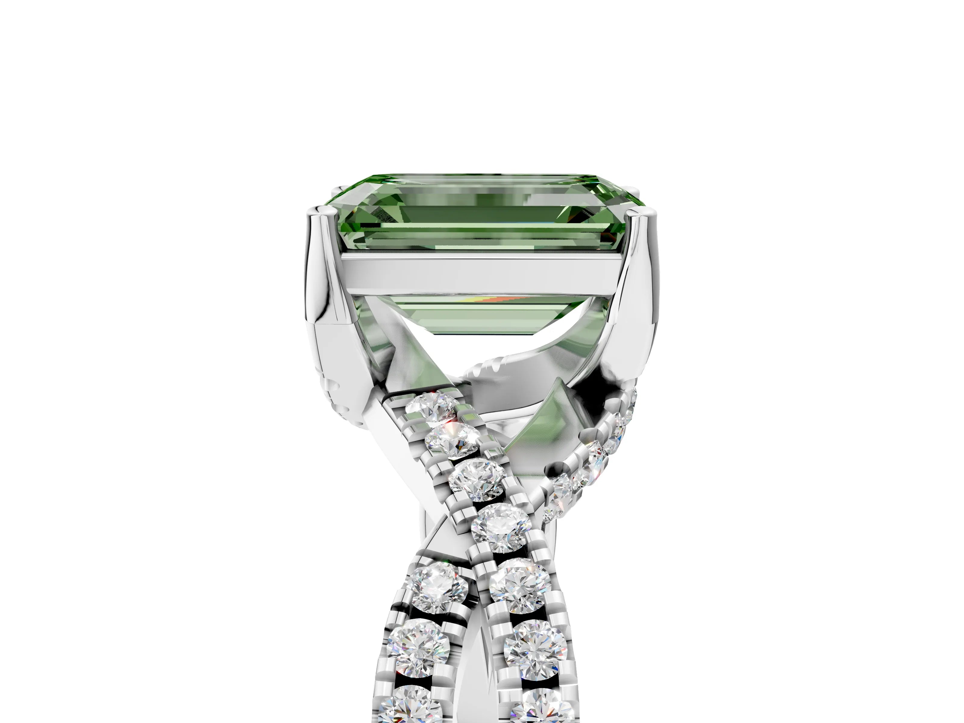 White gold Fancy Green Emerald Cut Solitaire Twist Pave Diamond Engagement Ring with Prong Setting_35