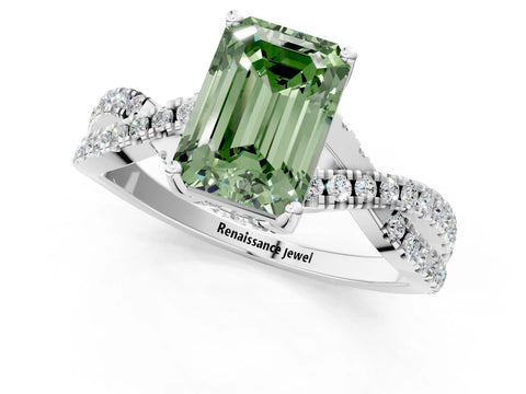 White gold Fancy Green Emerald Cut Solitaire Twist Pave Diamond Engagement Ring with Prong Setting_37