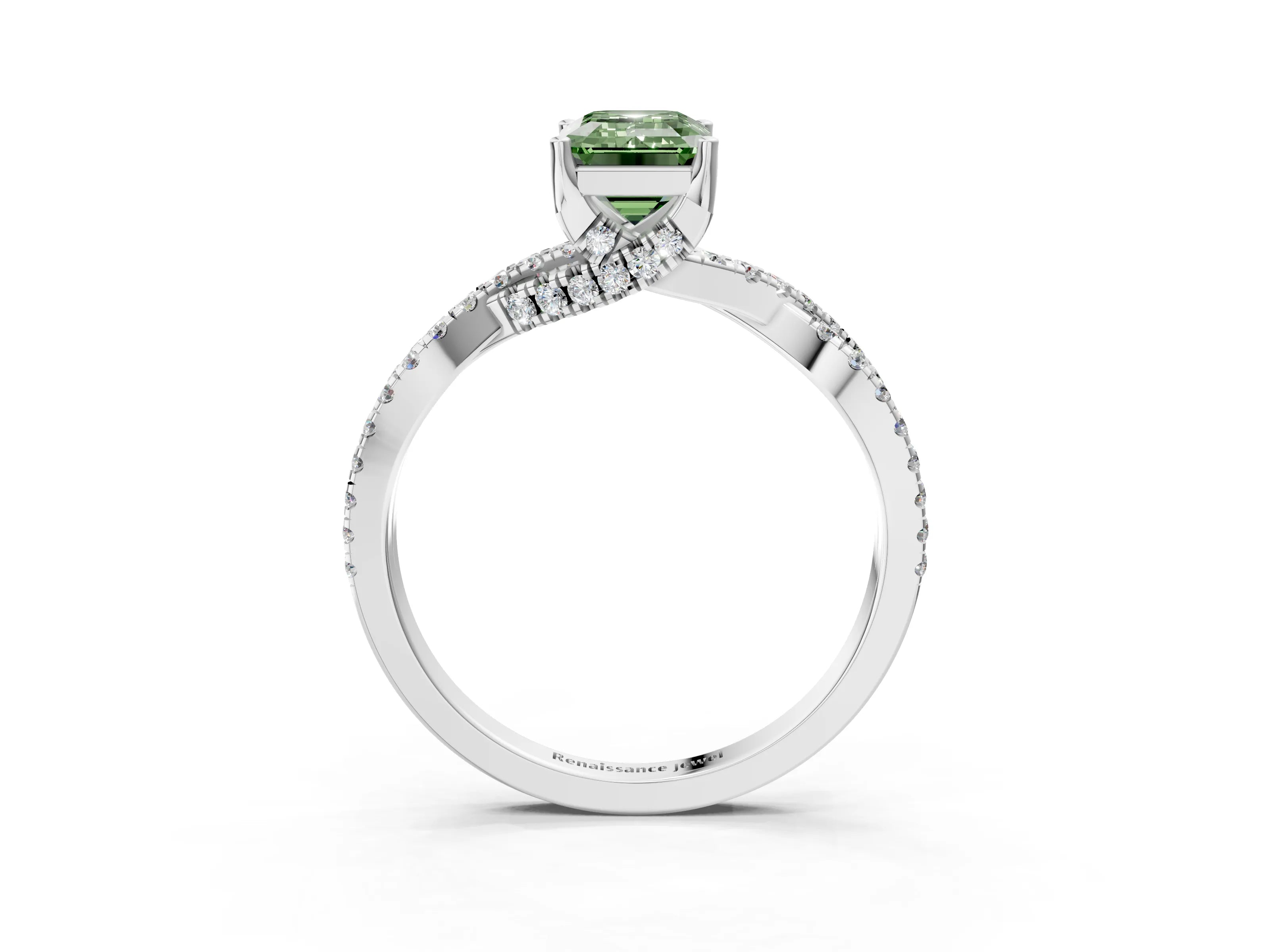 White gold Fancy Green Emerald Cut Solitaire Twist Pave Diamond Engagement Ring with Prong Setting_39
