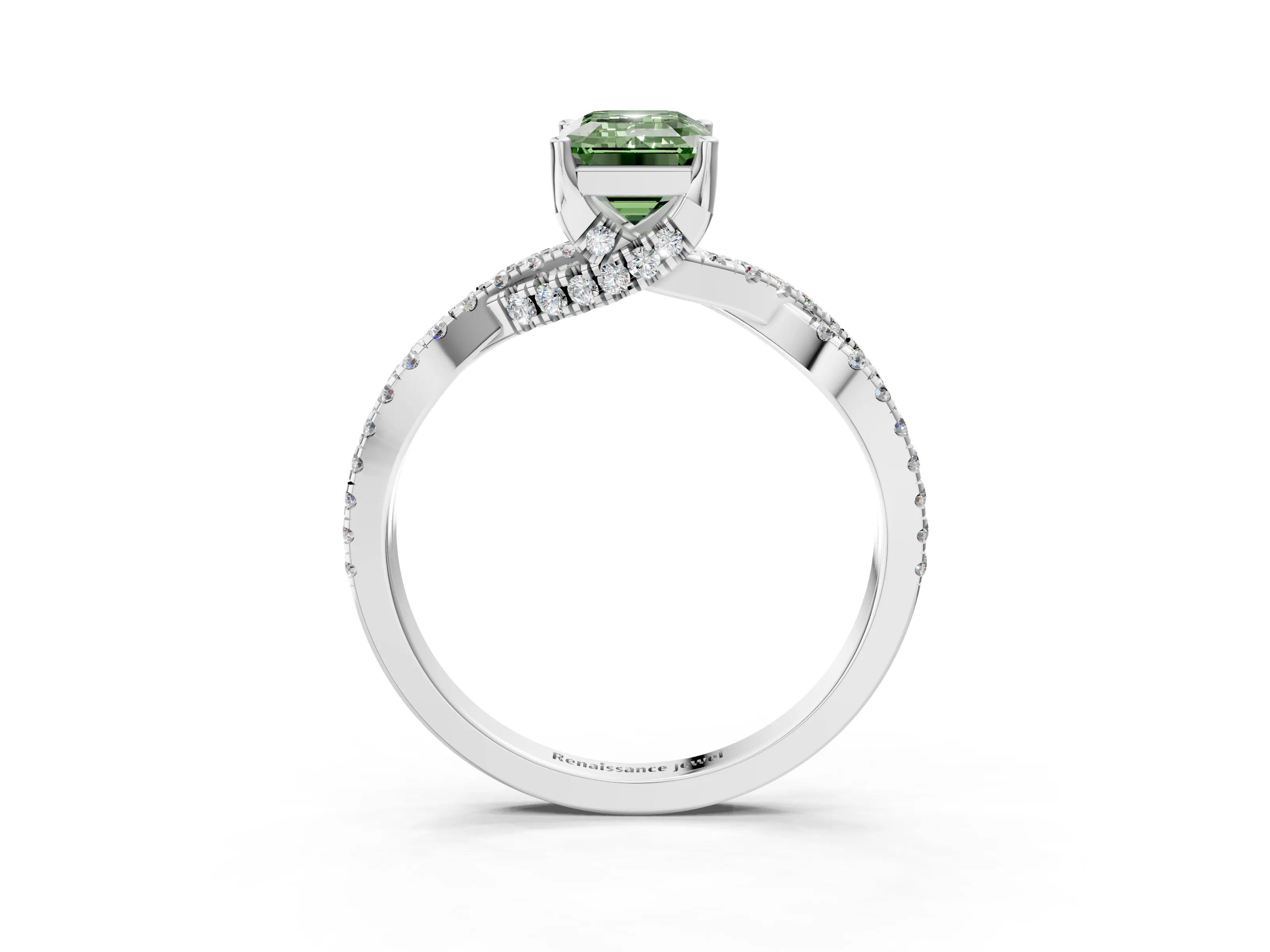 White gold Fancy Green Emerald Cut Solitaire Twist Pave Diamond Engagement Ring with Prong Setting_3
