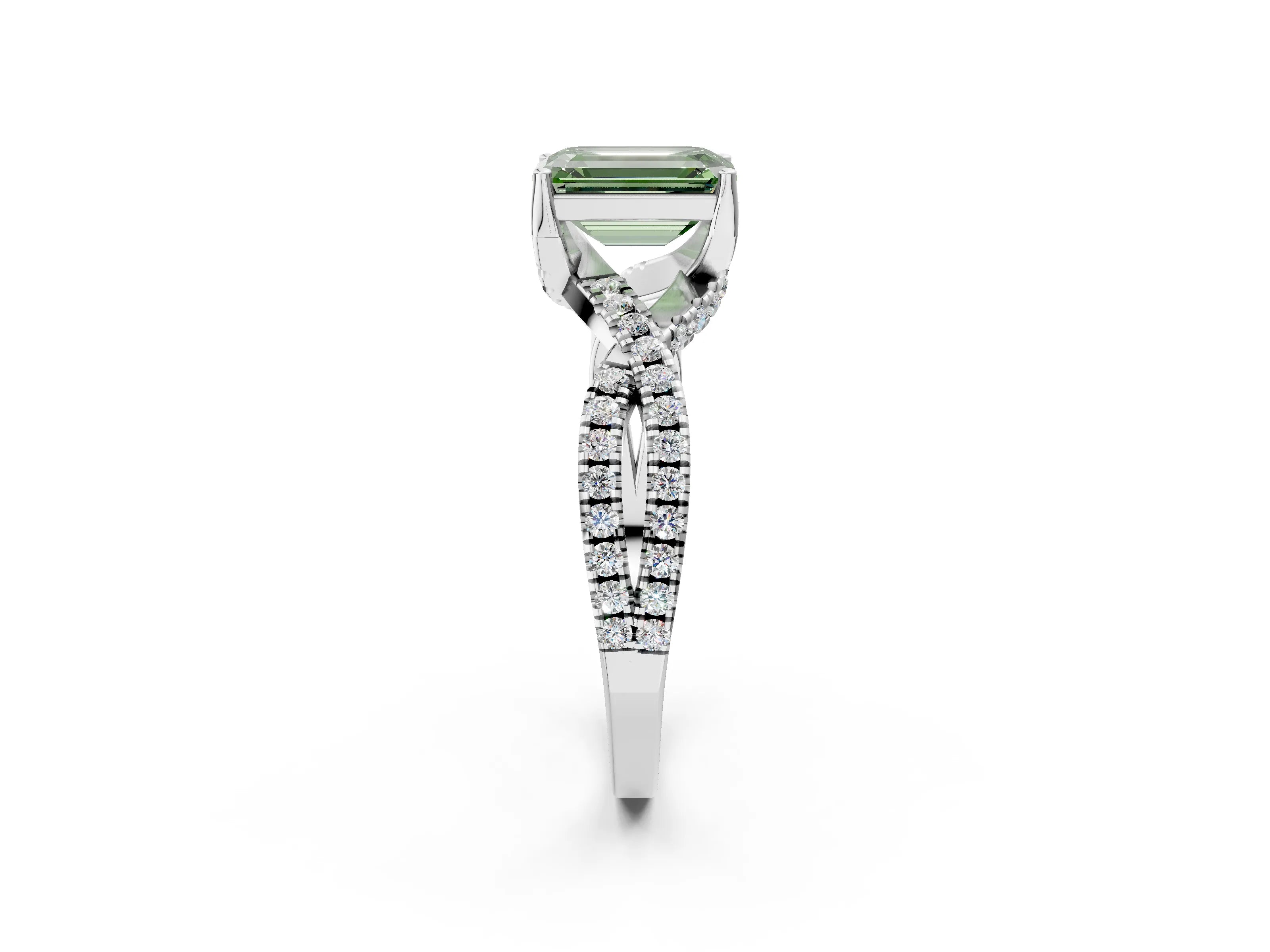 White gold Fancy Green Emerald Cut Solitaire Twist Pave Diamond Engagement Ring with Prong Setting_50