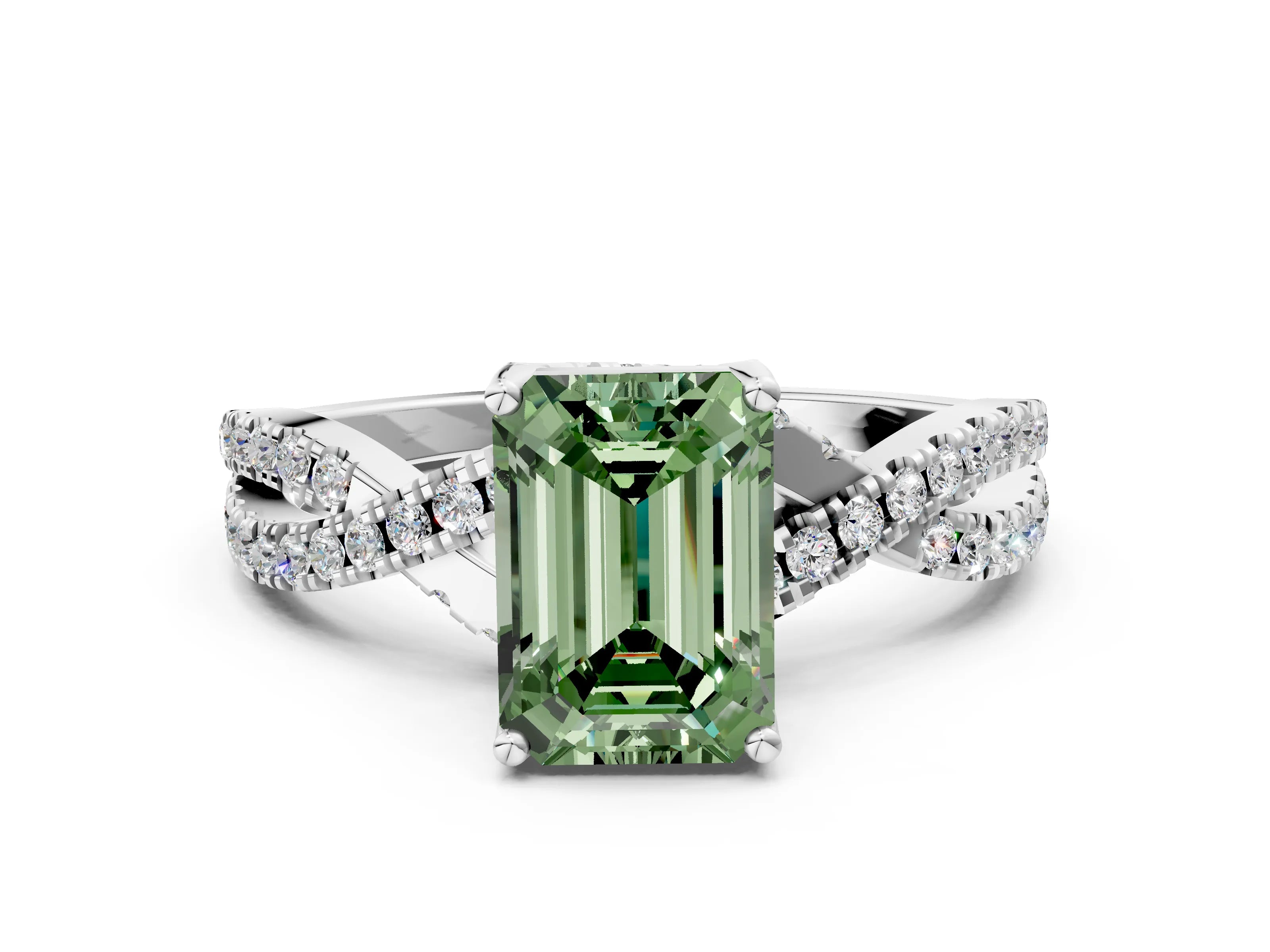 White gold Fancy Green Emerald Cut Solitaire Twist Pave Diamond Engagement Ring with Prong Setting_54