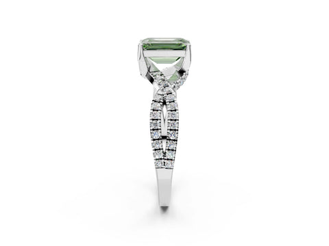 White gold Fancy Green Emerald Cut Solitaire Twist Pave Diamond Engagement Ring with Prong Setting_62