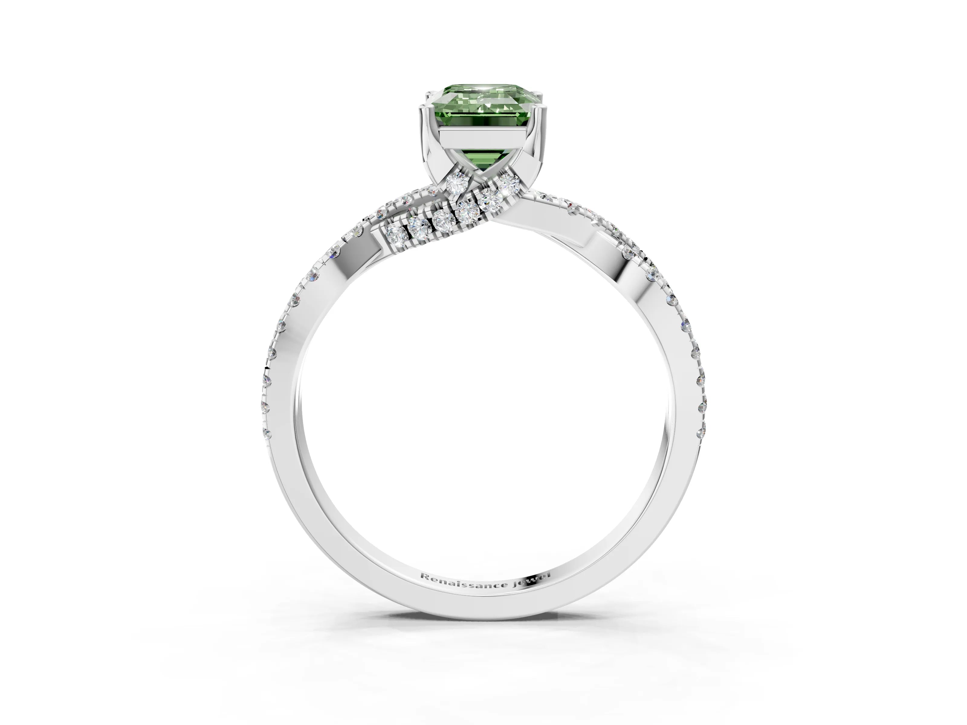 White gold Fancy Green Emerald Cut Solitaire Twist Pave Diamond Engagement Ring with Prong Setting_63