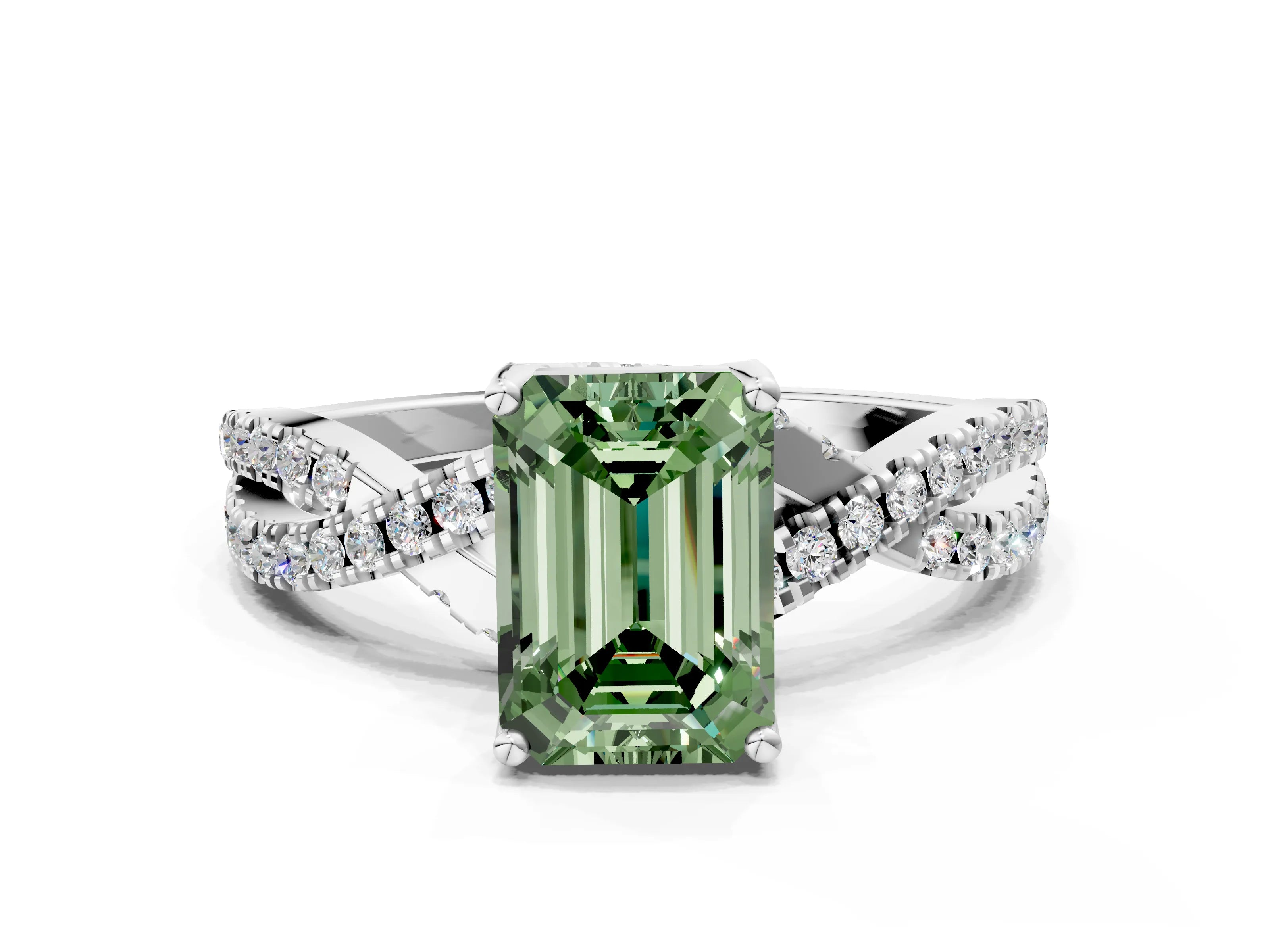 White gold Fancy Green Emerald Cut Solitaire Twist Pave Diamond Engagement Ring with Prong Setting