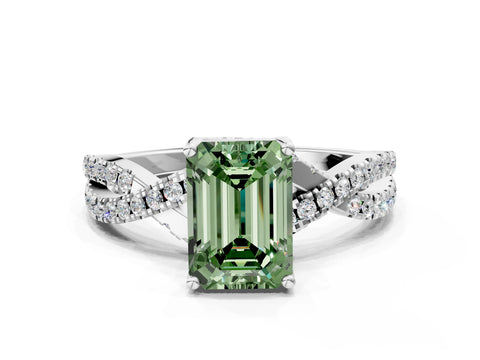 White gold Fancy Green Emerald Cut Solitaire Twist Pave Diamond Engagement Ring with Prong Setting