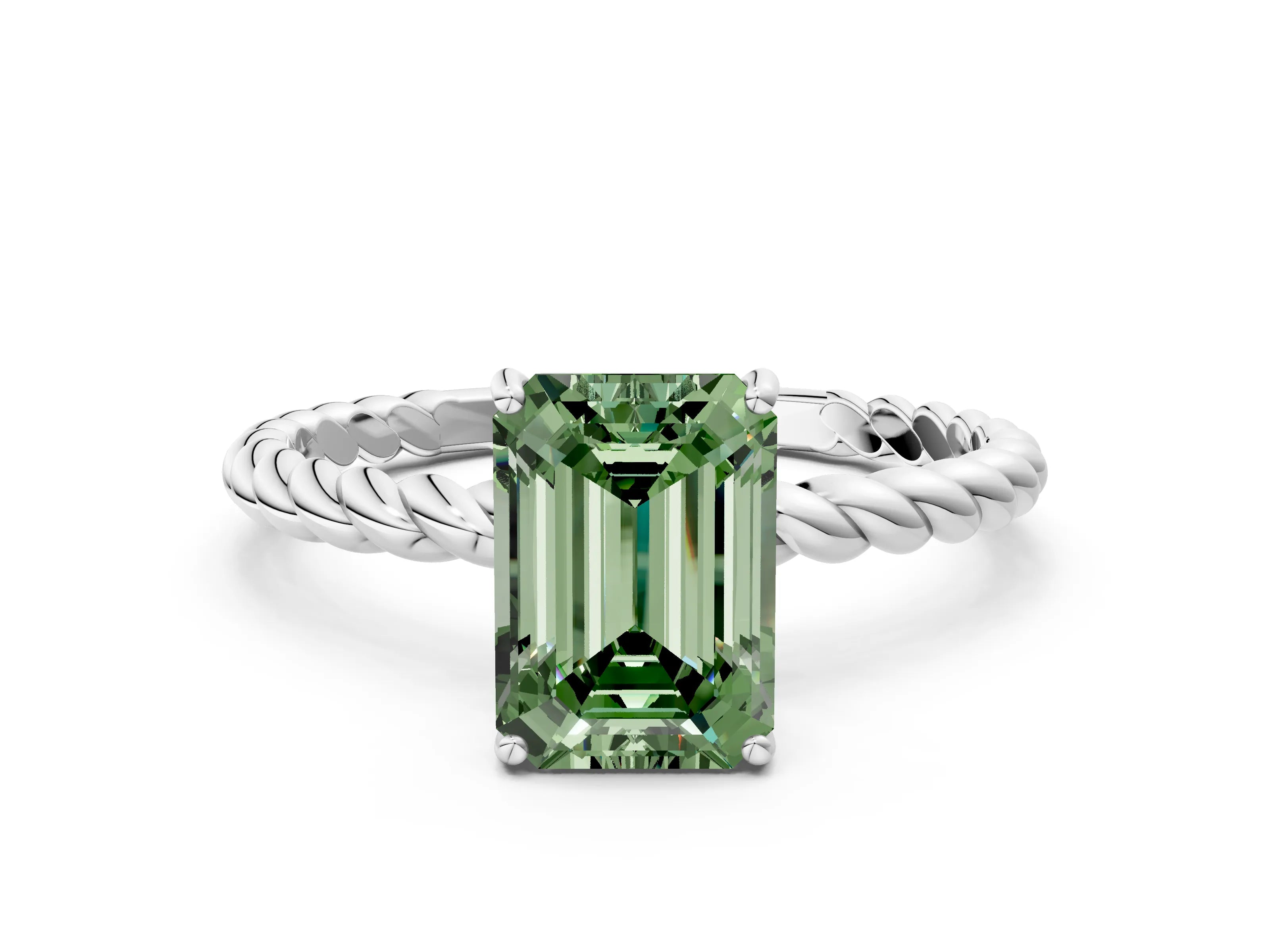 White gold Fancy Green Emerald Cut Solitaire Twisted Band 4-Prong Ring_24