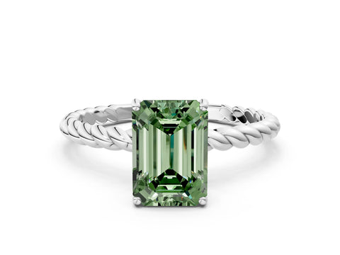 White gold Fancy Green Emerald Cut Solitaire Twisted Band 4-Prong Ring_24