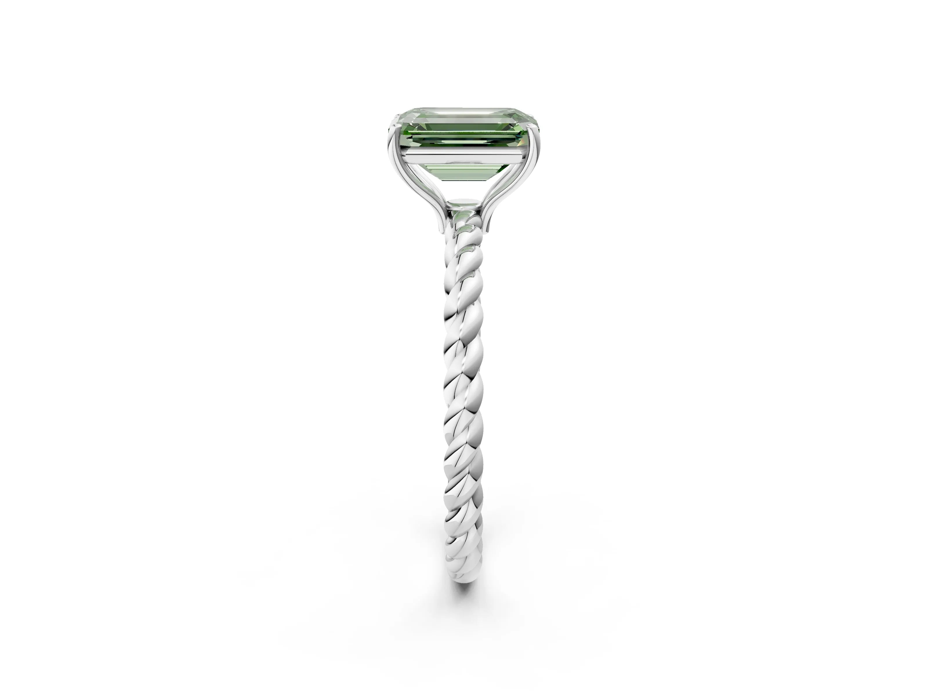 White gold Fancy Green Emerald Cut Solitaire Twisted Band 4-Prong Ring_26