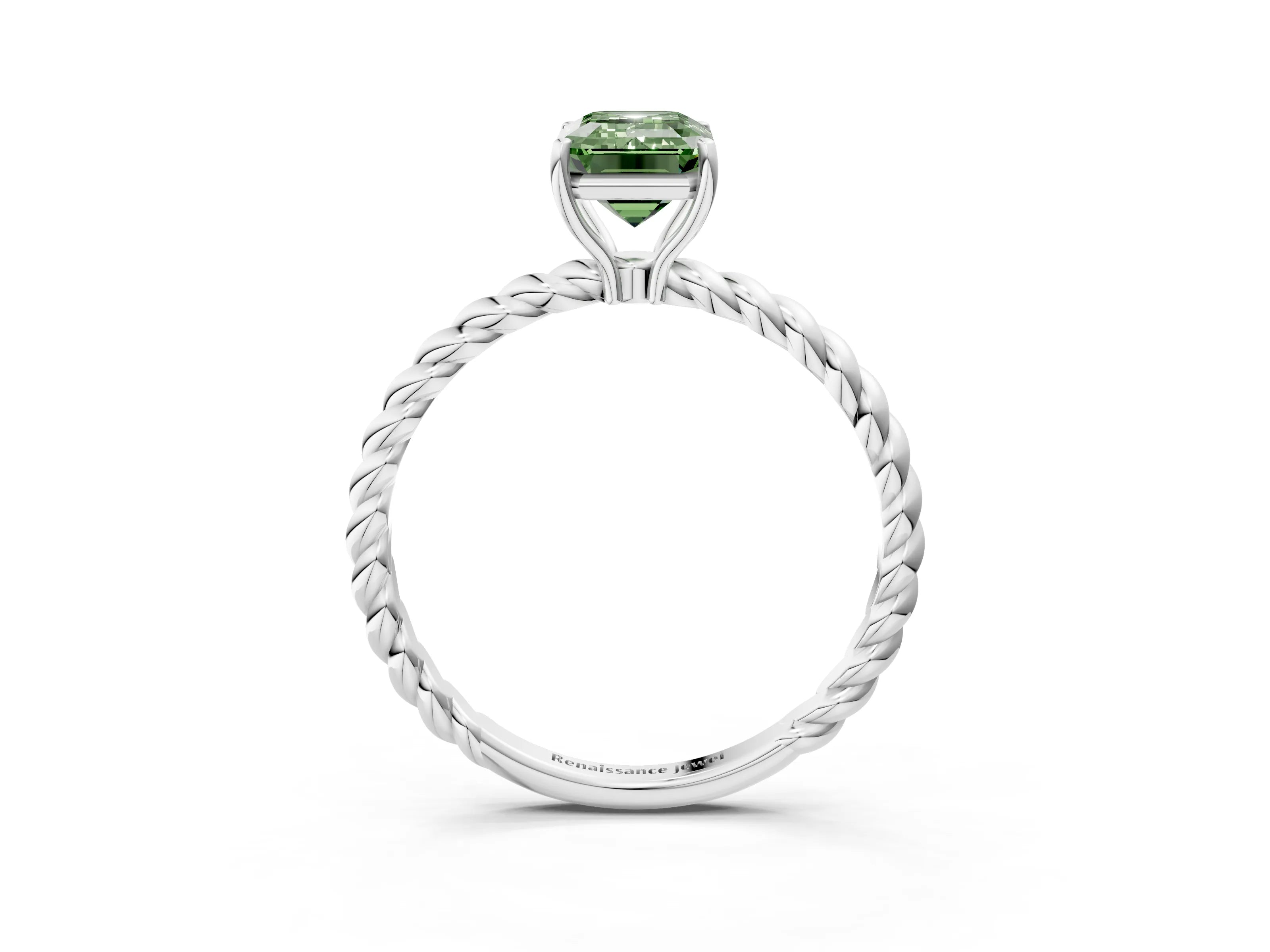 White gold Fancy Green Emerald Cut Solitaire Twisted Band 4-Prong Ring_27