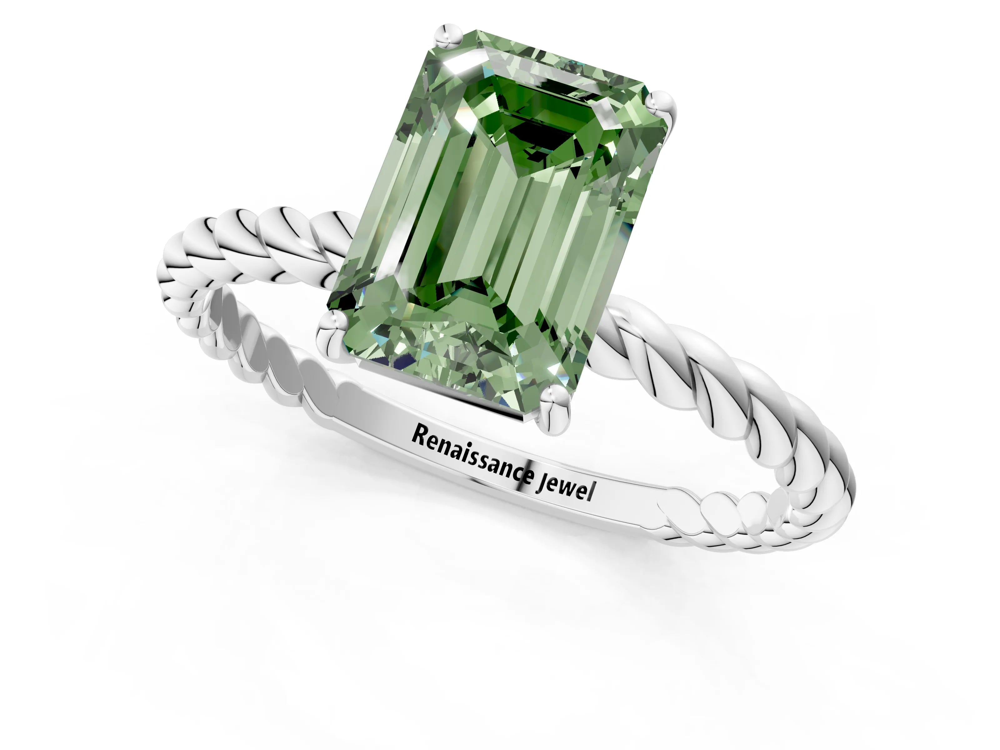 White gold Fancy Green Emerald Cut Solitaire Twisted Band 4-Prong Ring_37